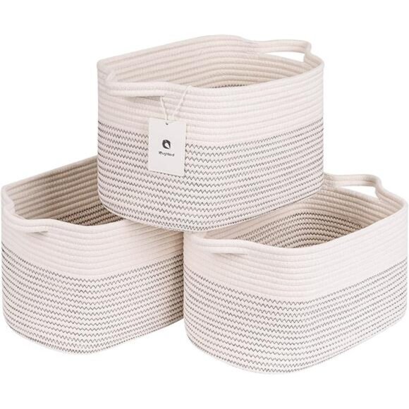 Blanket Basket Living Room Cotton Rope Woven Baskets With Handles for Shelves - Picture 3 of 7